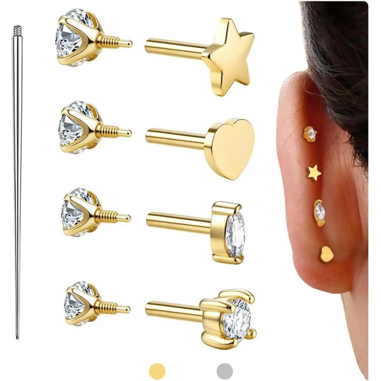 CASSIECA 18G Gold-Plated Surgical Steel Earrings Set - Hypoallergenic Flat Back Extended Thread Studs, Gold Piercing Jewelry for Helix, Cartilage, Women's Casual Daily Accessories for Women Sohochic