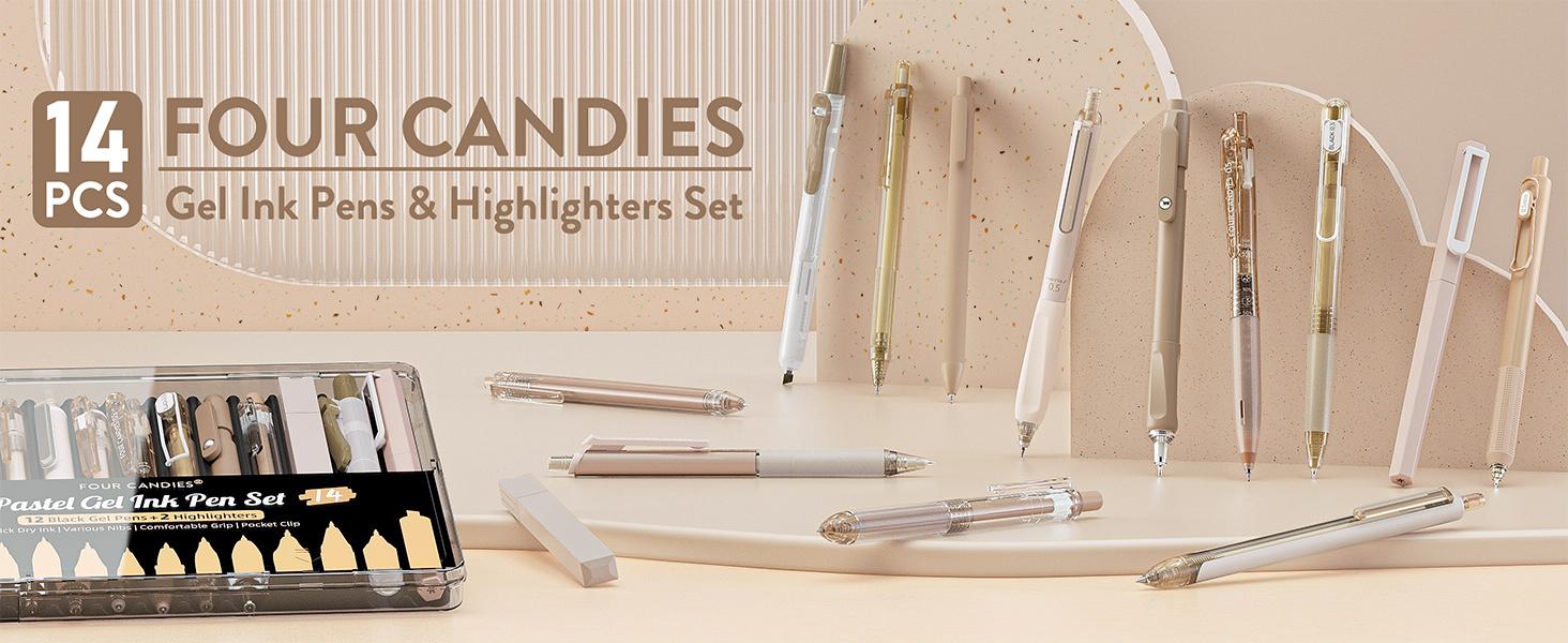 Four Candies Gel Ink Pen Set,14PCS Pen Set with Case, Cute Note Taking 0.5mm Fine Point Retractable 12PCS Black Ink Pens with 2 Highlighter for School, Note Taking,Writing, Office Supplies, girly office supplie,journaling supplies  Pastel Markers Portable
