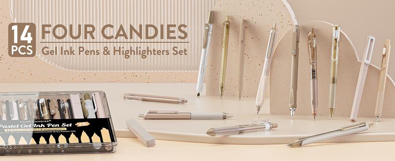 Four Candies Gel Ink Pen Set,14PCS Pen Set with Case, Cute Note Taking 0.5mm Fine Point Retractable 12PCS Black Ink Pens with 2 Highlighter for School, Note Taking,Writing, Office Supplies, girly office supplie,journaling supplies  Pastel Markers Portable