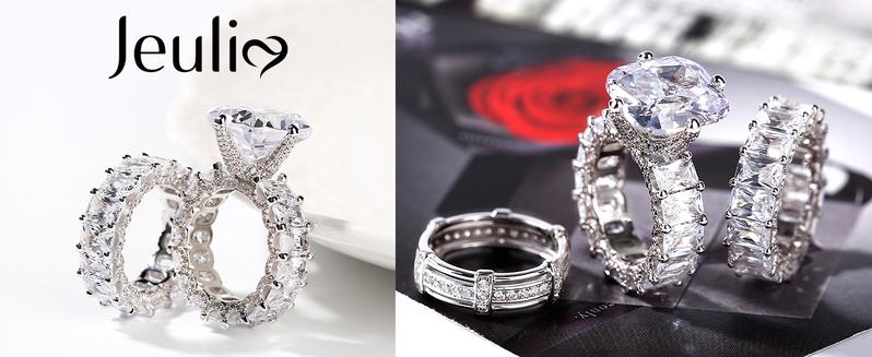 Jeulia Cushion Cut Three Sided Pave Sterling Silver Eternity Ring Cubic Zirconia Art Deco Halo Wedding Engagement Anniversary Rings Set Finejewelry with giftbox