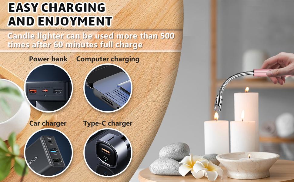 Candle Lighter Windproof Flame-Less with 360° Flexible Neck & LED Power Display, Type-C Rechargeable for BBQ, Grill, Camping, Fireplace, Stove,Gift for Mom Women Men Wife Sister