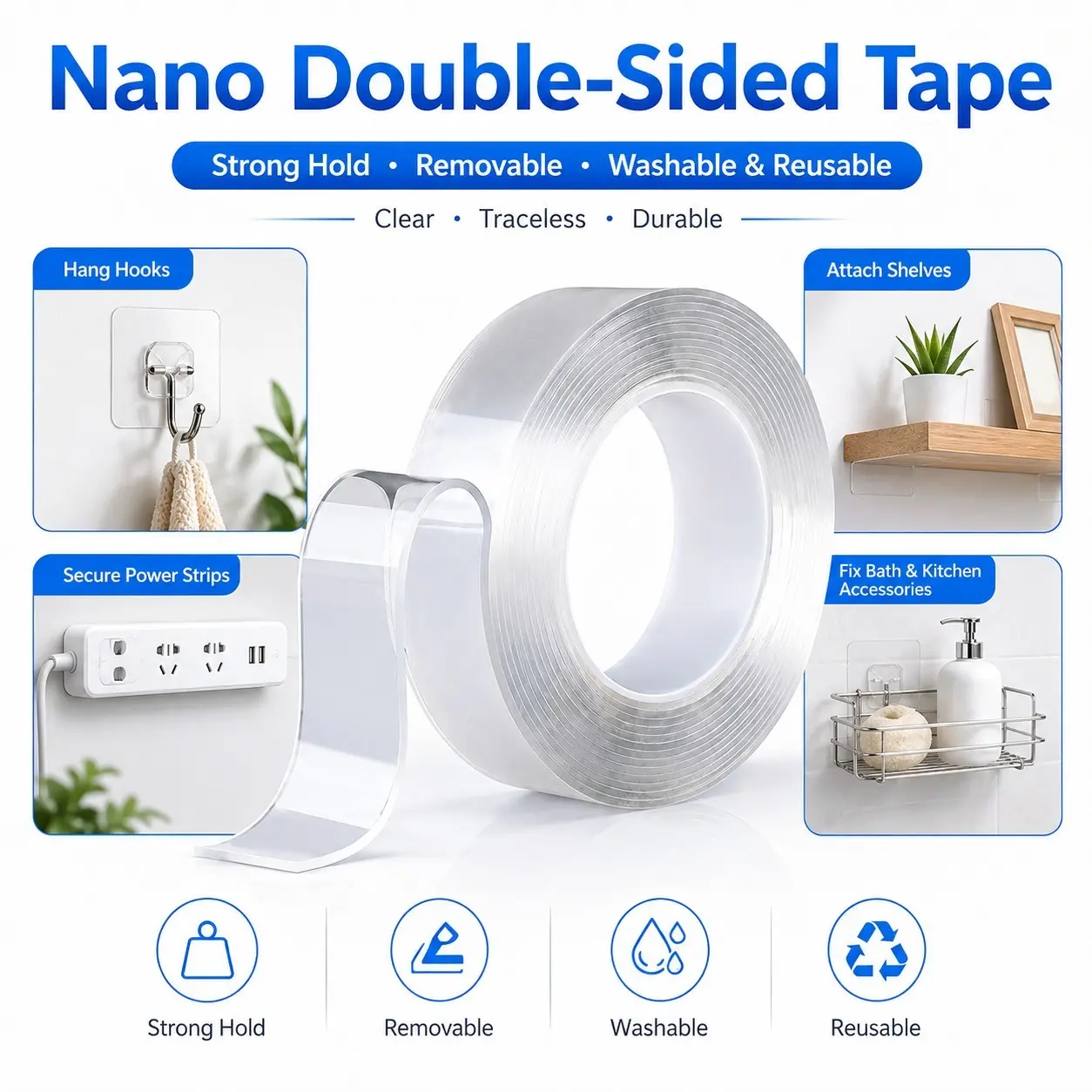 Industrial Grade Nano Double-Sided Tape, Transparent Pet Material, Removable Without Residue, Multiple Sizes, Reusable, Home Essential