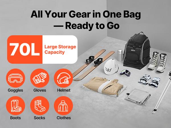 fathersdaygift  VEVOR Ski Boot Bag, 70L, Snowboard Boots Travel Backpack for Men Women, with Waterproof Exterior Bottom, Durable 1680D Oxford, Bag for Skis, Snowboard, Helmet, Goggles, Gloves, Accessories (Black)
