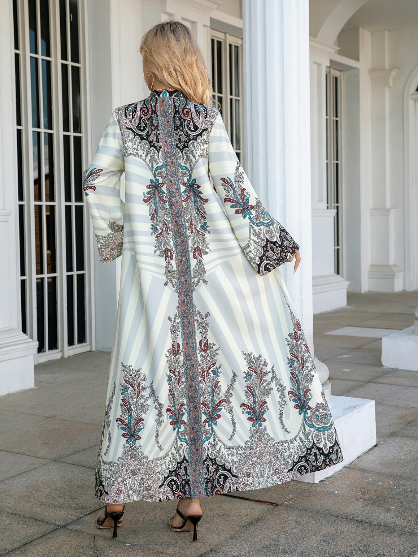 Women's Long Robe Dress Abaya, Stand Collar Design, Printed Embellished Beaded New Style, Cross-Border Muslim Fashion