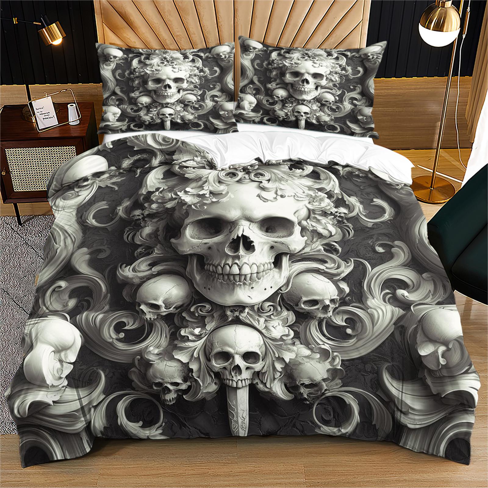 Skull Pattern Soft Durable Decorative Bedding Set, Includes 1 Fitted Sheet and 1 or 2 Pillowcases, No Cotton Inner Core, Ideal for Daily Use, Holidays, Birthdays