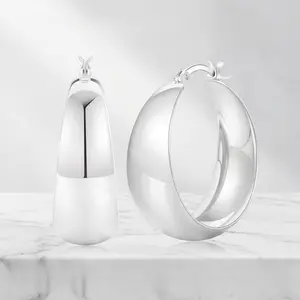 925 Sterling Silver Hoop Earrings for Women, Rhodium Plated High Polish Chunky Silver Hoops, Hypoallergenic Large Statement Earrings for Evening Party, Wedding, Daily Wear, Elegant Fashion Jewelry Gift for Her
