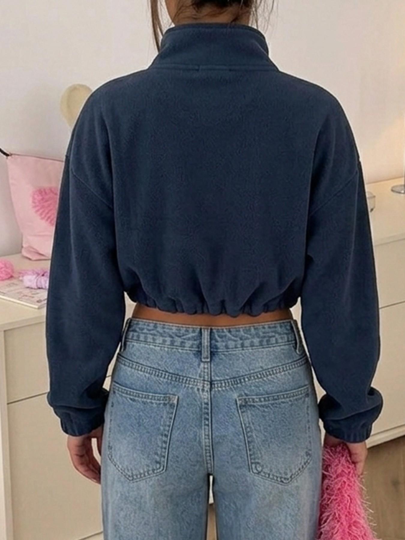 Women's Drawstring Waist Stand Collar Fleece Short Jacket, Sporty Style, Adjustable Hem, Perfect with Yoga Pants, Soft Polar Fleece