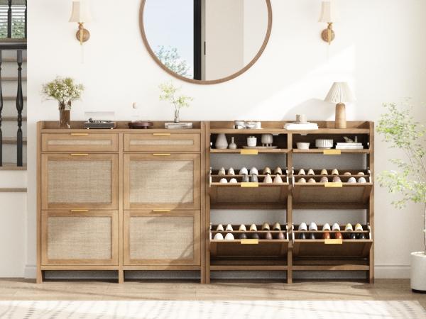 PieDle Furniture Oversized Rattan Shoe Storage Cabinet with 4 Flip Drawers & 2 Drawers – Hidden Slim Shoe Organizer for Entryway, Large Tabletop Space, Farmhouse Boho Narrow Shoe Rack