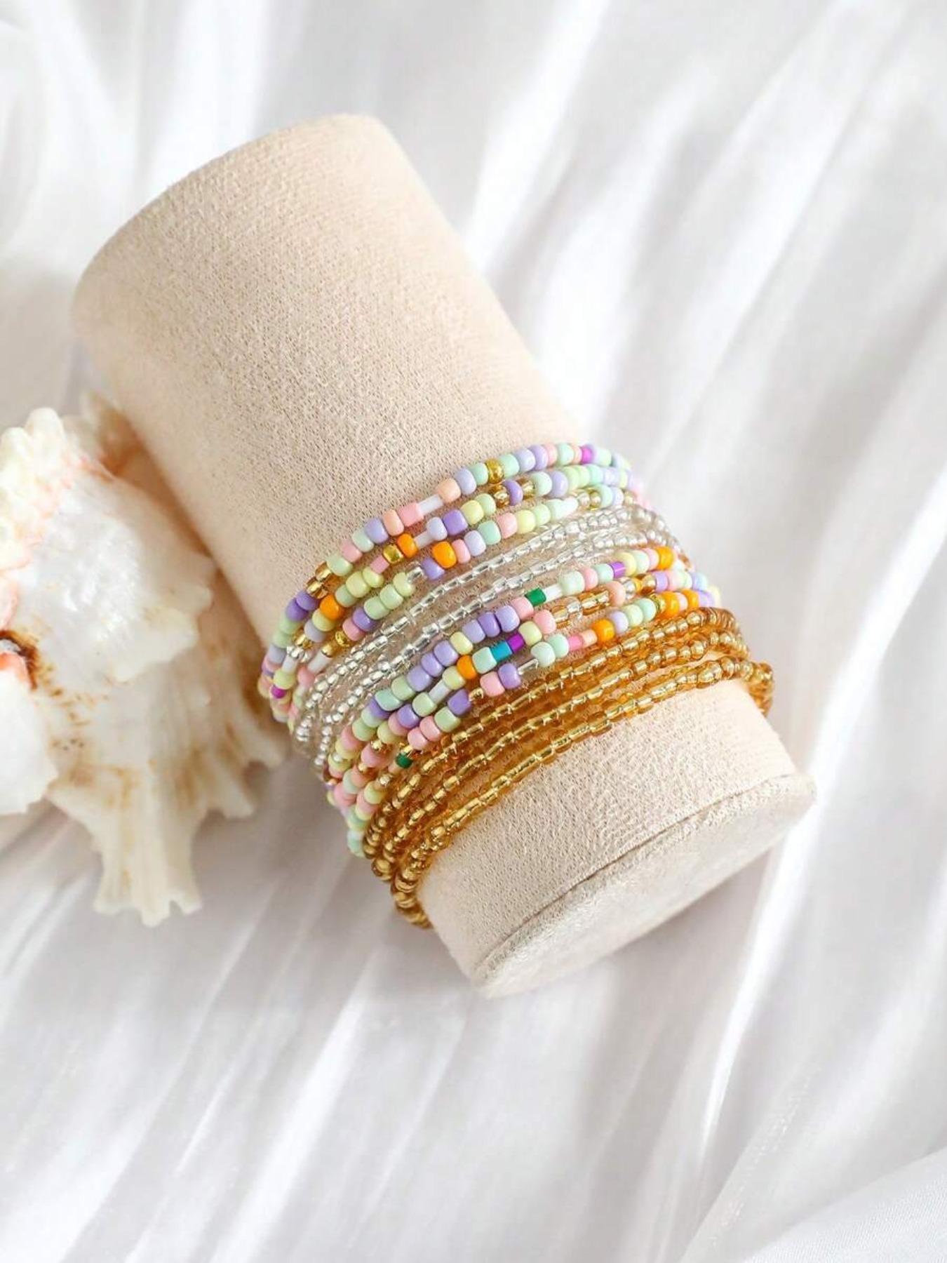 Boho Style Colorful Crystal Glass Beaded Elastic Bracelets Set, Dainty Crystal Bracelet, Fashion Simple Women Party Vacation Layered Stackable Bracelet