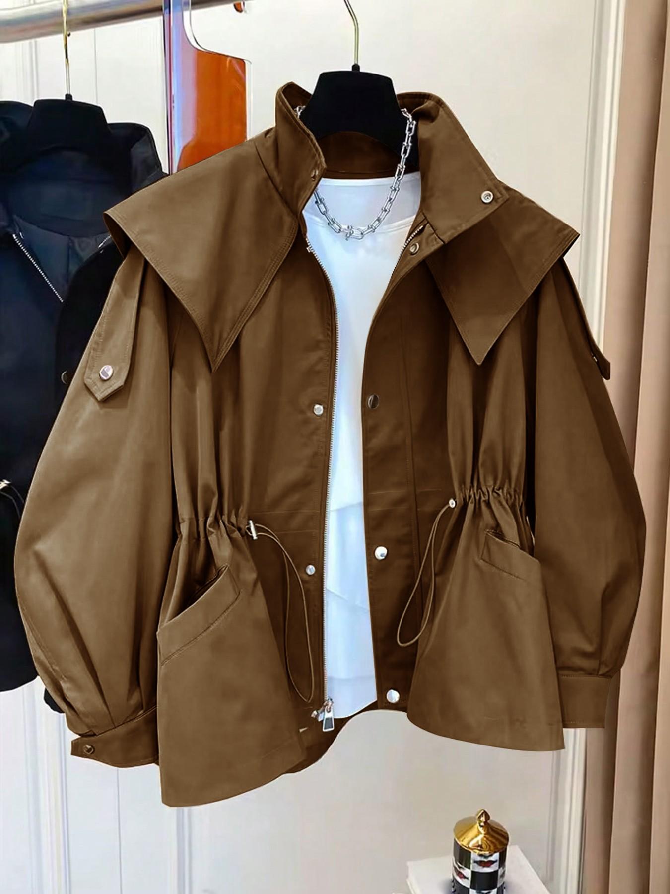 Women's Elegant Baggy Windbreaker Coat, Workwear Jacket, Drawstring Waist Design, Pockets Included, Essential for Fall and Winter