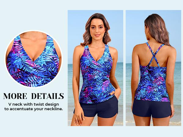 Tempt Me Women Black Tankini Swimsuits with Shorts - Two Piece Tummy Control Bathing Suits Top with Two Pockets Bottom Swimwear