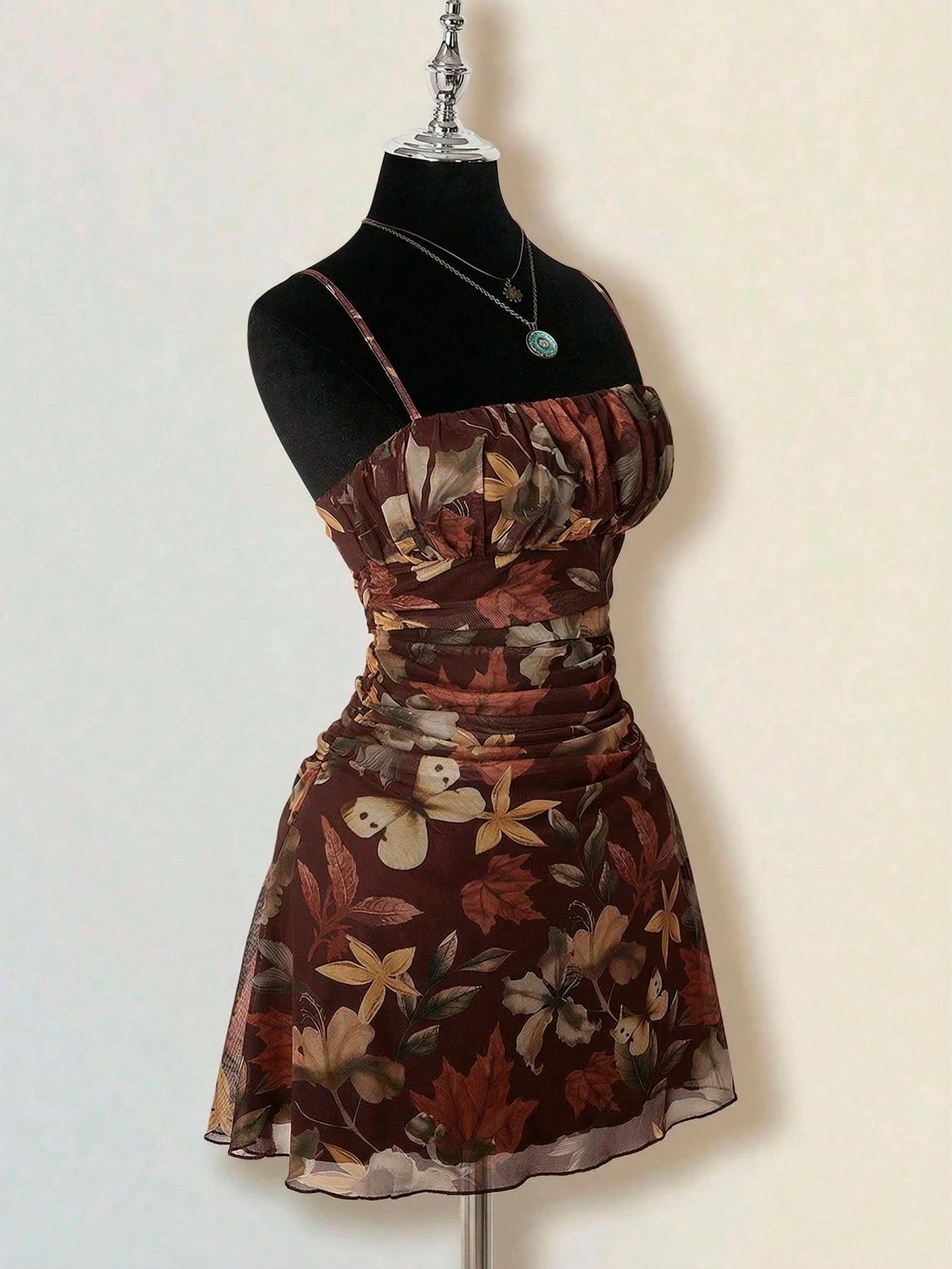 1 Piece Autumn Leaf Waist-Cinched Dress | Euro-American Casual Vibe | Spaghetti Strap Design + Breathable Fabric | Comfortable Pick for Autumn Day Trips / Casual Social Gatherings
