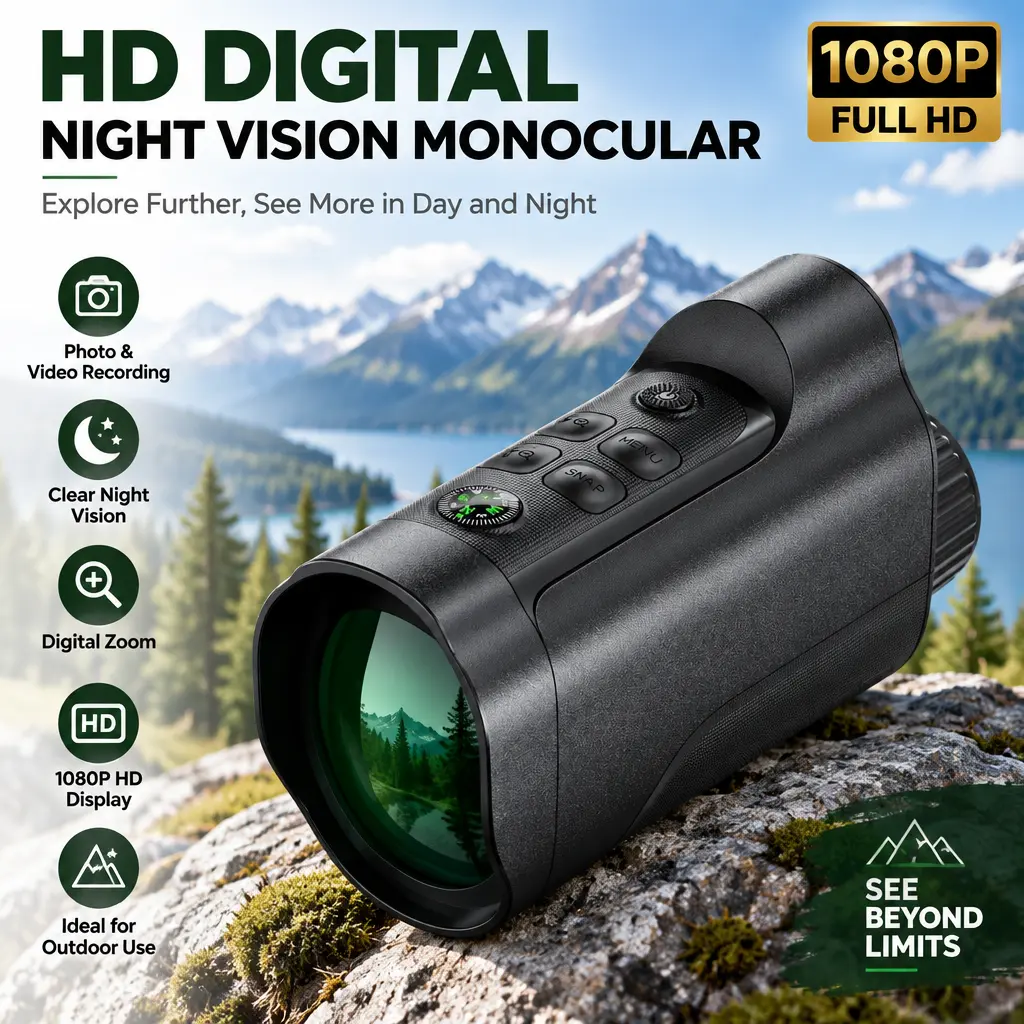 Outdoor Night Vision Monocular Scope, 5W Infrared Illuminator 7‑Level IR Adjustment, 10X Digital Magnification, Support 4K Video & Picture for Wildlife Watching & Night Adventure