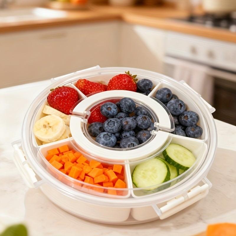 1PC - Divided Dinner Plate - with Lid and Handle / Fruit Plate / Suitable for Snacks - Portable Rotating Vegetable Plate - Suitable for Kitchen Parties Travel Picnics - Stackable Snack Box Container / Round Plastic Rotating Snack Tray with Lid