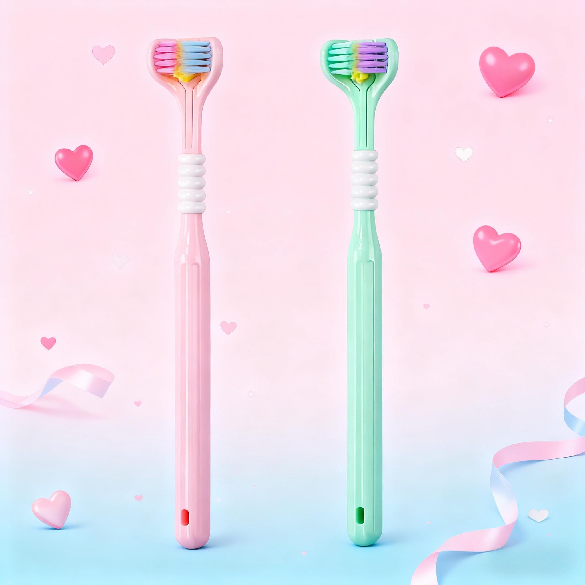 Couple's 3D Multi-Angle Toothbrush Set, Romantic Design, Deep Plaque Clean, Teeth Plaque Remover, Fresh Breath, Tongue Scraper, Gentle Bristles, Soft Toothbrush, Multiple Colors