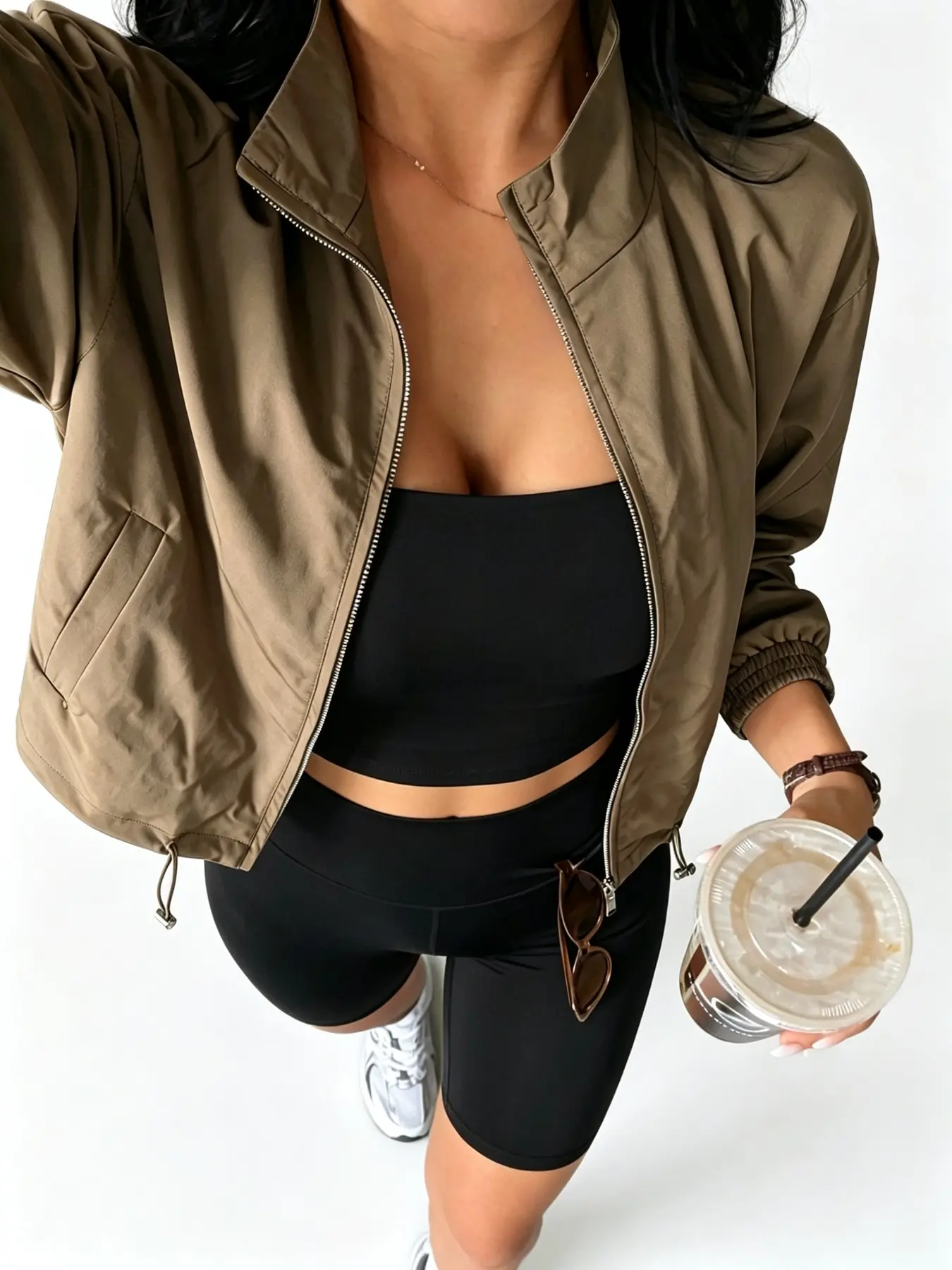 Meadow Style Short Stand Collar Windbreaker Jacket for Women, Full Zipper Closure, Adjustable Hem Drawstring, Side Pockets, Casual Workwear, Outerwear