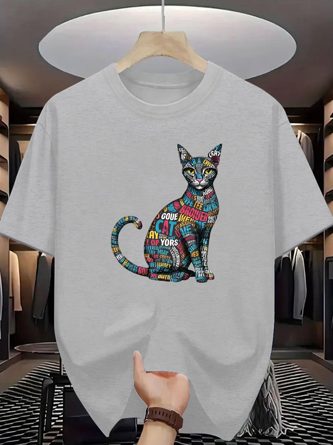 Artistic Word Puzzle Cat Short Sleeve T-Shirt, Summer Slim Fit Casual Top, Boys' Fashionable Tee, Unique Design, Cool Look