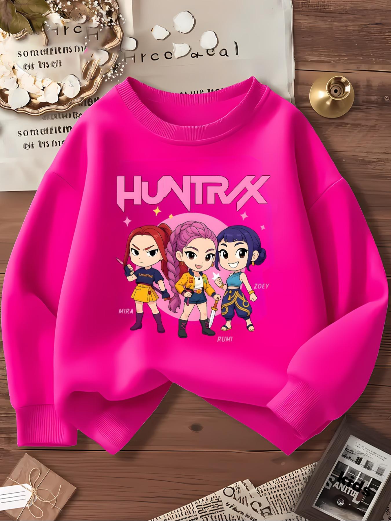 Kpop Anime Cartoon Print Elastic Fabric Girls' Casual Fitted Cute Sweatshirt, Youth Sports Wear for Outdoor & Indoor Activities