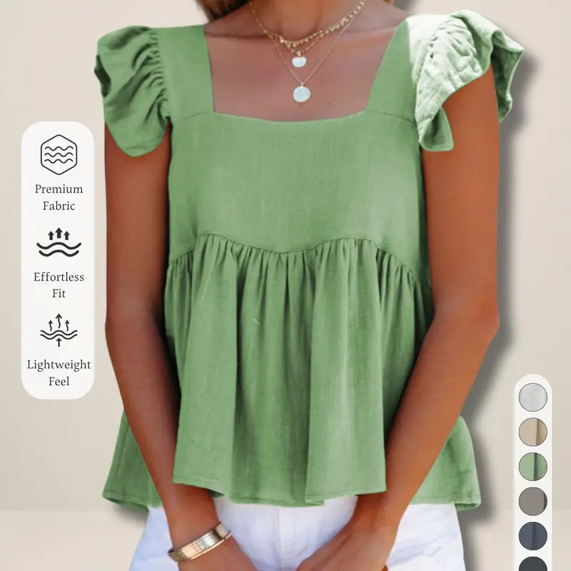 New Summer Women's Ruffle Square Neckline Design Shirt Blouse Fit, Solid Color Button Babydoll Top, Elegant Fashion for Office and Dates, Womenswear Casual