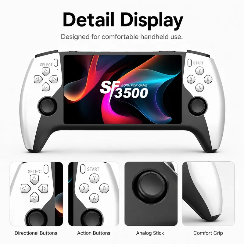 New Sf3500 Portable Handheld Game Console, 5-Inch IPS HD Screen, Retro Arcade Simulator, Dual Player, TV Compatible, Rechargeable, Comfort Grip, Video Game Console