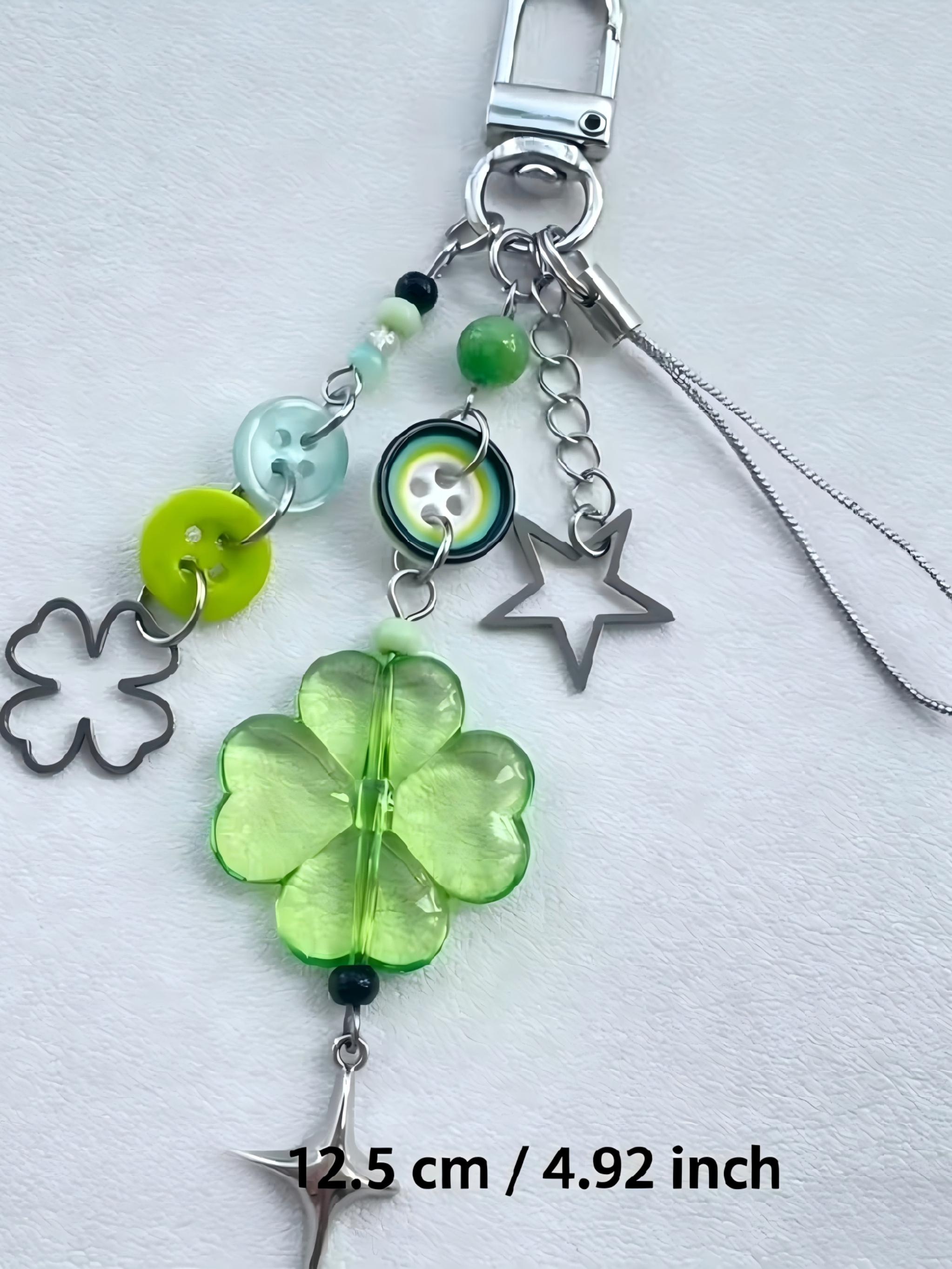 Lucky Clover Beaded Phone Strap, Handmade Transparent Flower Leaf Star Keychain, Soft Tone Design, Fashion Accessory, Fantasy Jewelry