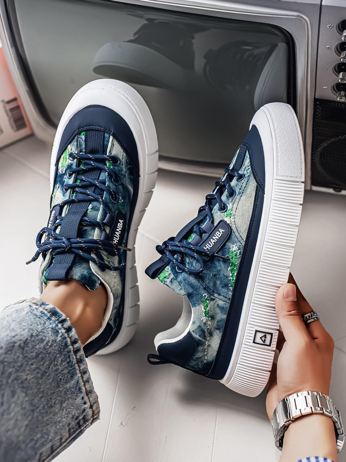 Men's Vintage Denim Style Thick Sole Sneakers, Ripped Design Casual Canvas Shoes, Soft Breathable Height-Increasing Boardwalks, Sizes 39-44