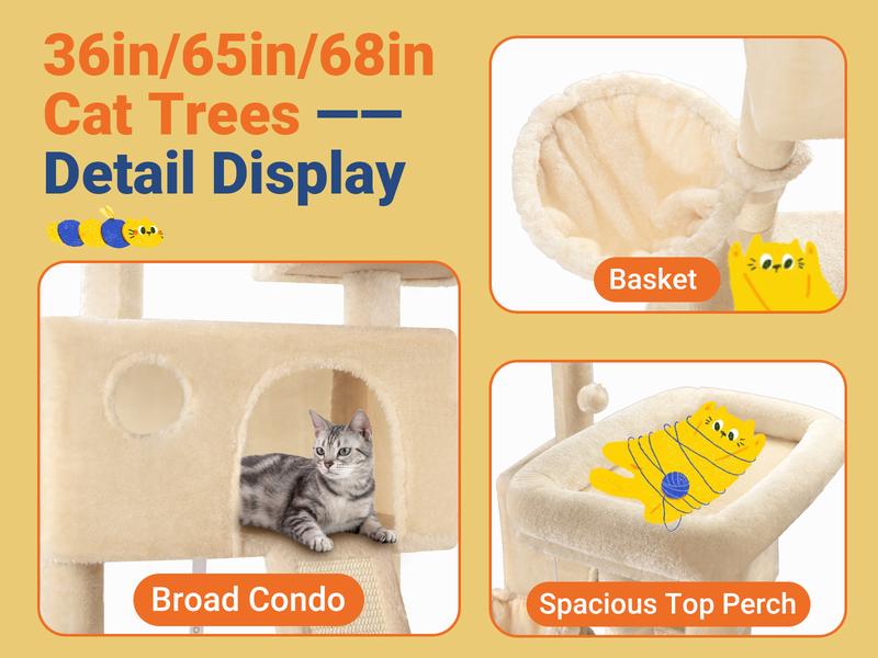 Allewie 36in/65in/68in  Multi-Level Tall Cat Tree for Indoor Cats/Larger Tower with Wide Base/Cozy Plush Cat Perches/Cat Condo with Hammock/Sisal Scratching Posts#TikTokShopfalldealsforyou