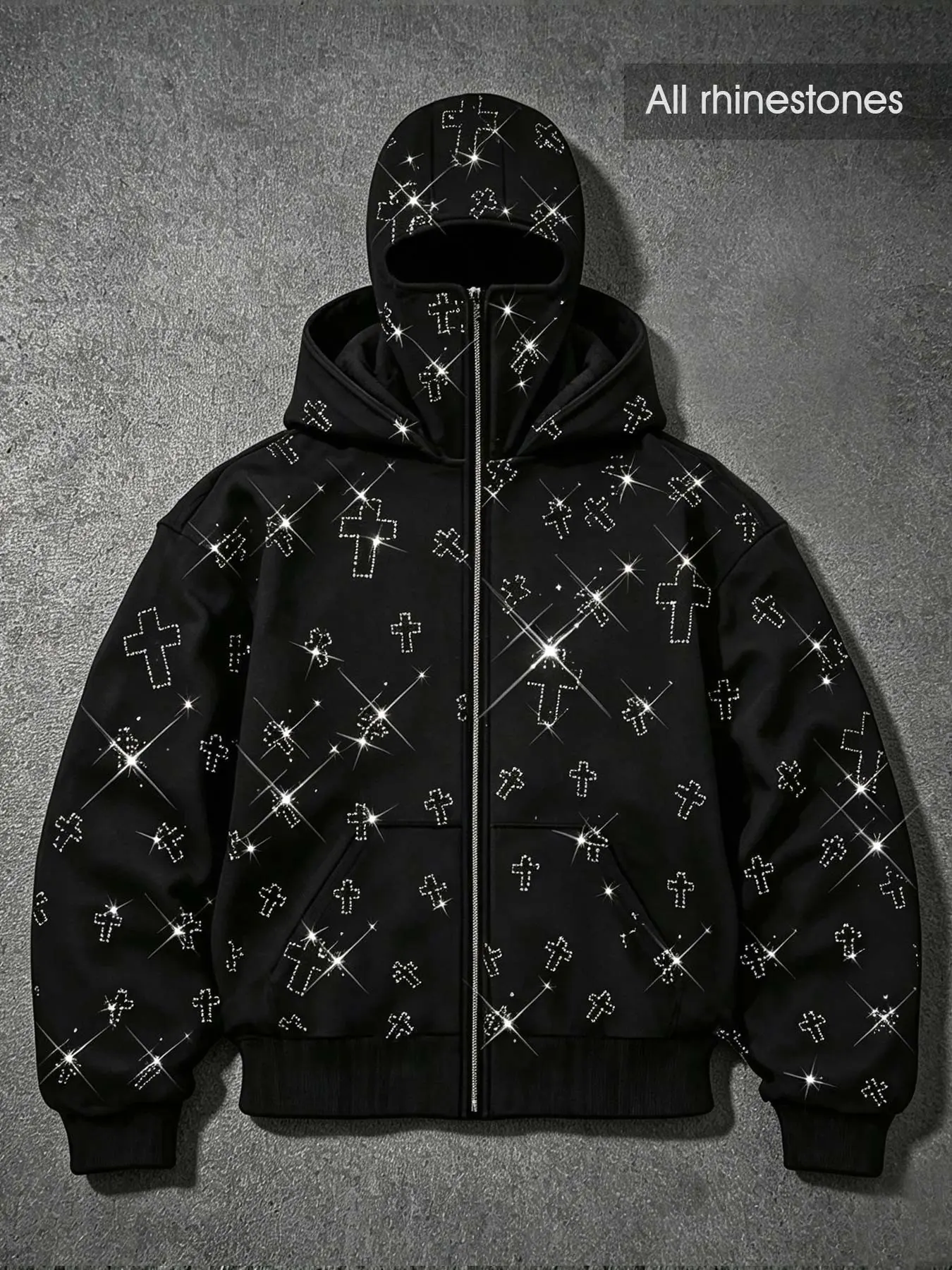 Rhinestone cross goth men's zipper hoodie double hood cardigan sweatshirt women's street style autumn winter fleece warm jacket windproof black Y2K punk, Streetwear