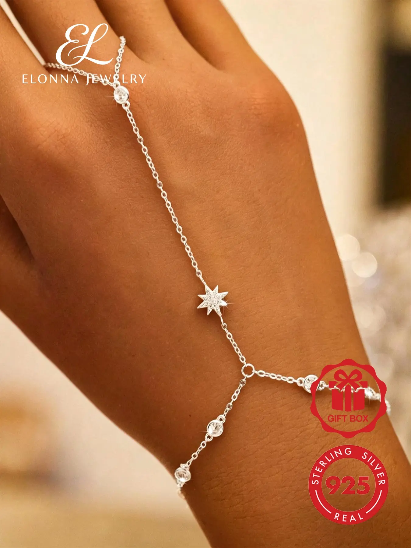 925 Silver Color Fashionable Elegant Octagram Cubic Zirconia Ring Bracelet Set, Elegant Prom Trendy Jewelry Set for Women's Daily and Party Wear Chain Set
