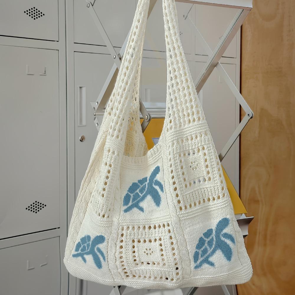 Cute Crochet Blue Bag for Women, Large Capacity Open Knit Shoulder Handbag, Lightweight Stylish Summer Beach Tote, Versatile Casual Daily Shopping & Market Storage Handbag