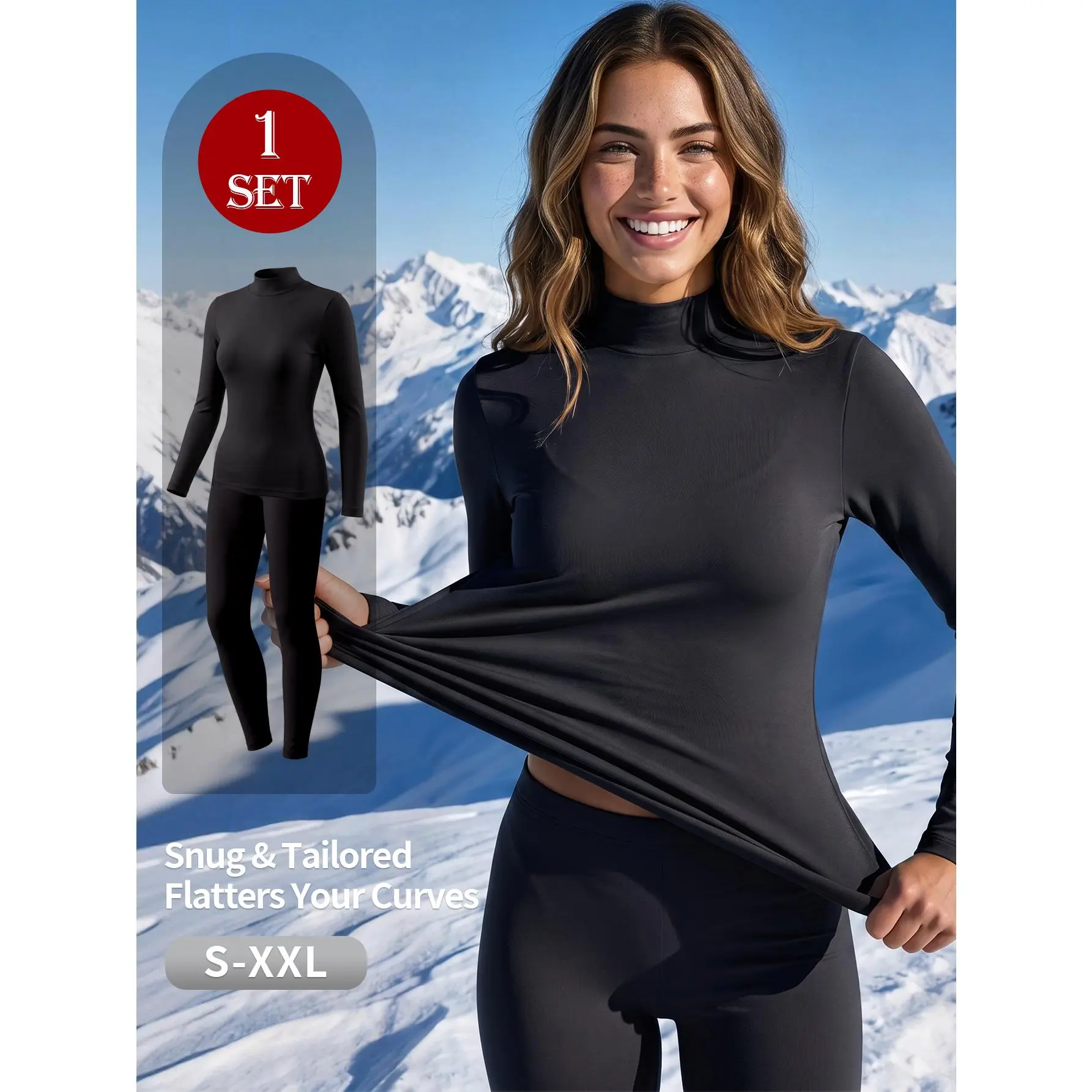 QUASTI Women’s 2‑Piece Winter Base Layer Set, Mock‑Neck Long‑Sleeve Top & High‑Rise Thermal Leggings, Soft 4‑Way‑Stretch Solid Color Thermal Underwear for Cold‑Weather Daily & Lounge Wear, S‑XXL