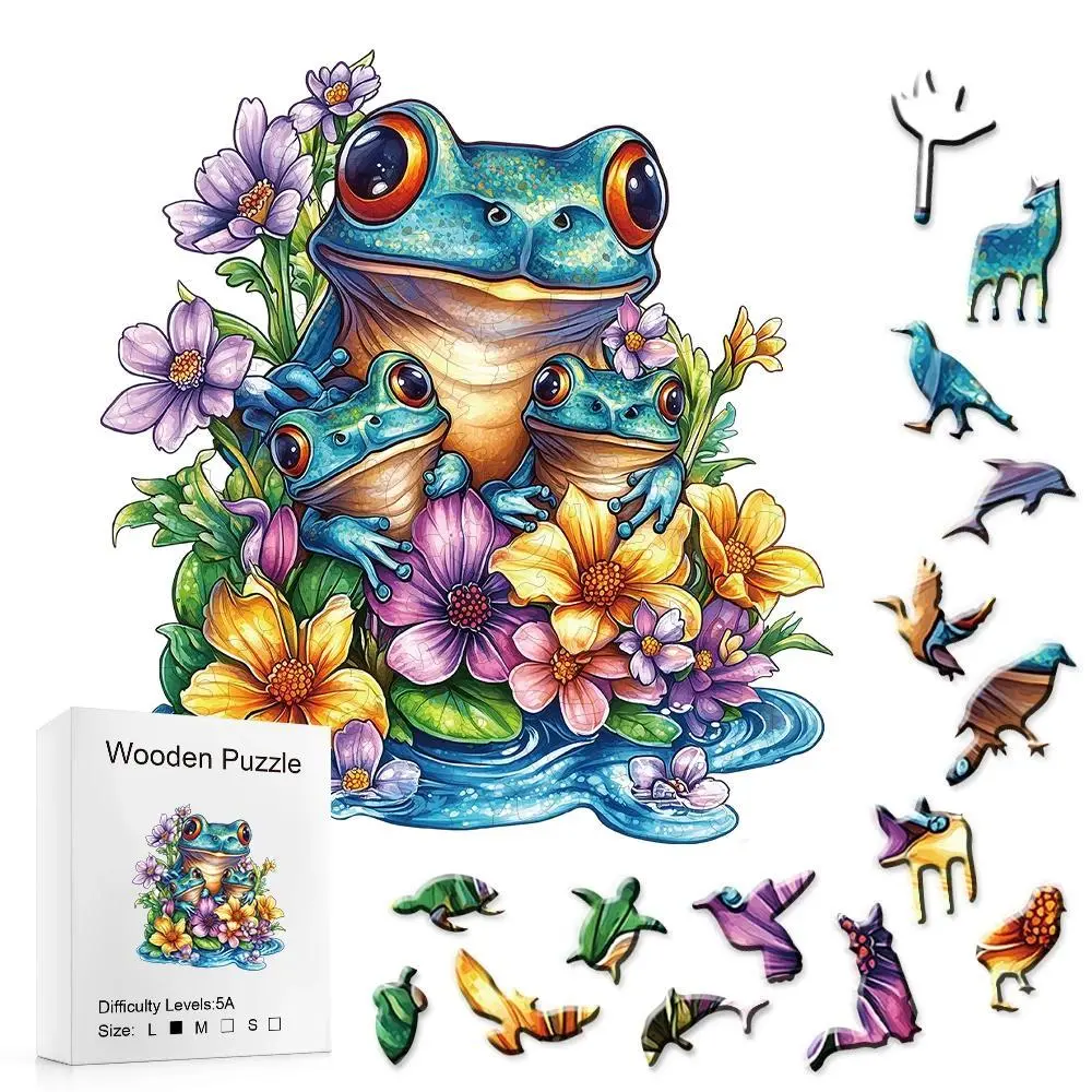 Unique Shape Wooden Jigsaw Puzzle - Frog & Flowers Design, Ideal Gift for Adults and Kids
