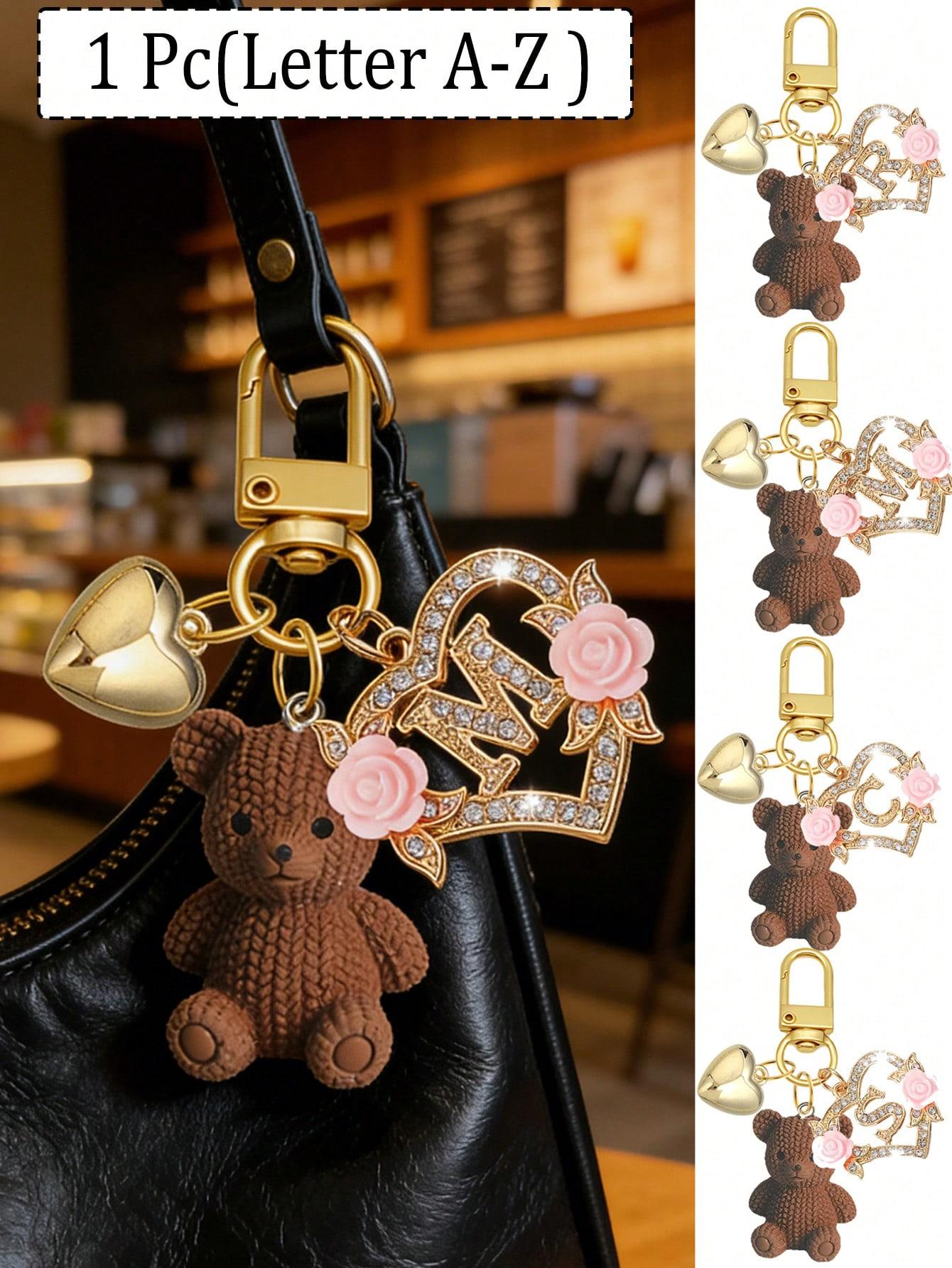 1 letter teddy bear keychain, hollow heart-shaped flower letter design, cute bear pendant charm suitable for handbags, wallets, backpacks, travel bags, Bag Charms, decorative keychain suitable for gym, classroom, games, Keychain Accessory