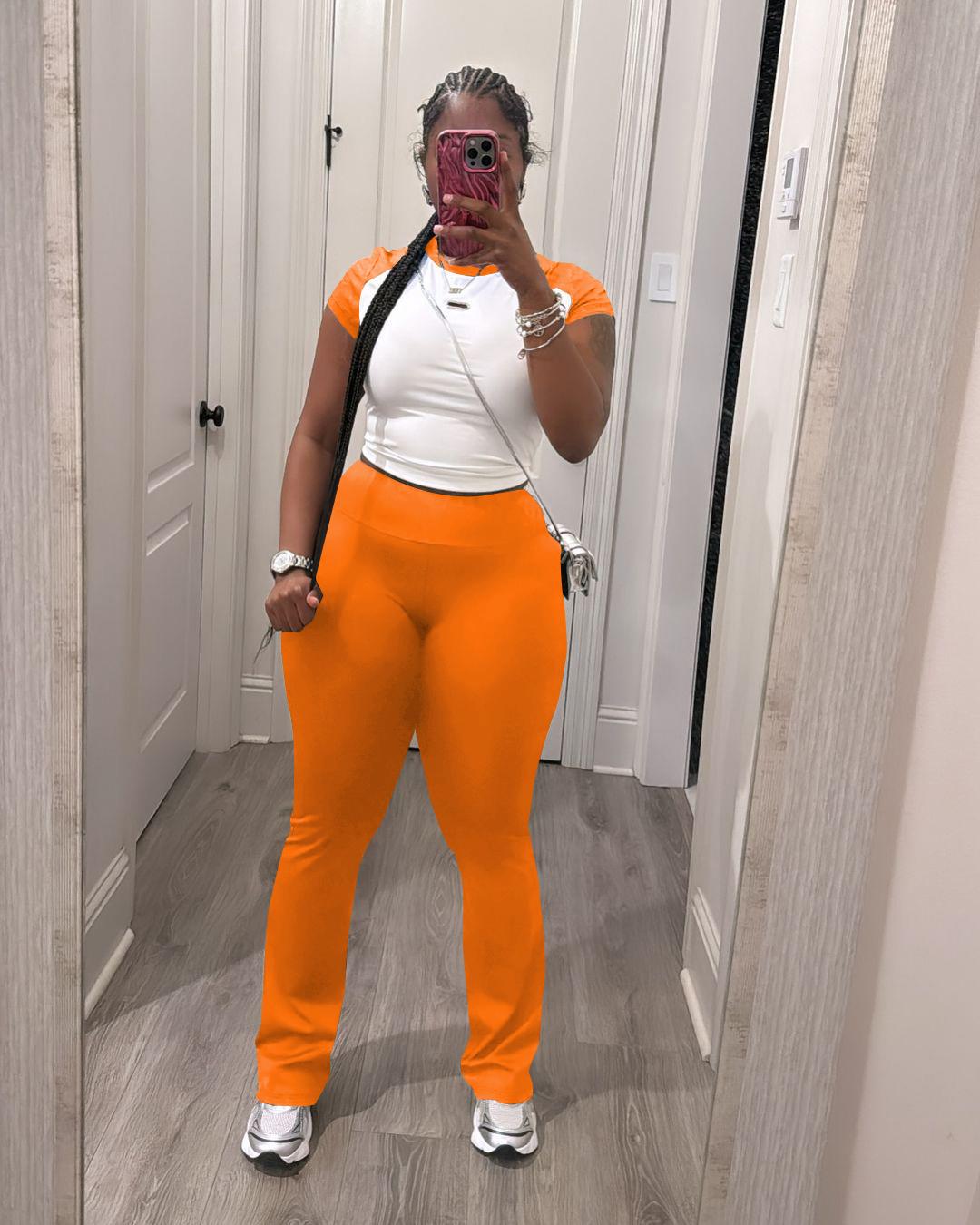 USBoutique Chic Women's Colorblock Top & Pants Two-piece Set Crew Neck Casual Fashion Fitted Cozy Breathable Outfits for Daily Outdoor Wear Ladies Summer Clothes Matching Trouser Set for Gym & Casual Wear