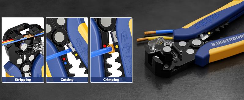 haisstronica 6 in 1 Crimping Tool Kit and Wire Stripper, Ratcheting Wire Crimper with 6 PCS Interchangeable Dies for Heat Shrink,Non-Insulated,Ferrule,Open Barrel,Insulated Connectors, men tool gifts,Father's Day Gift multi  tool