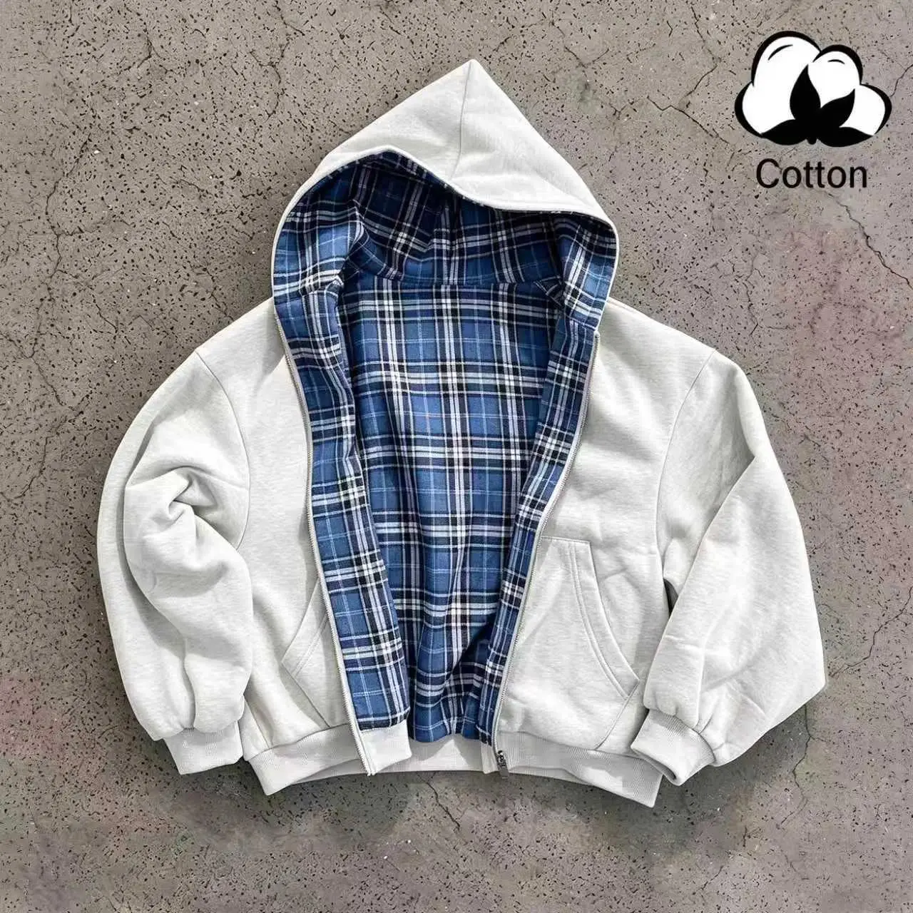 Unisex cotton zip-up hooded jacket, plaid reversible sweatshirt outerwear with pockets, loose street-style design, suitable for everyday wear, travel, and outdoor leisure.