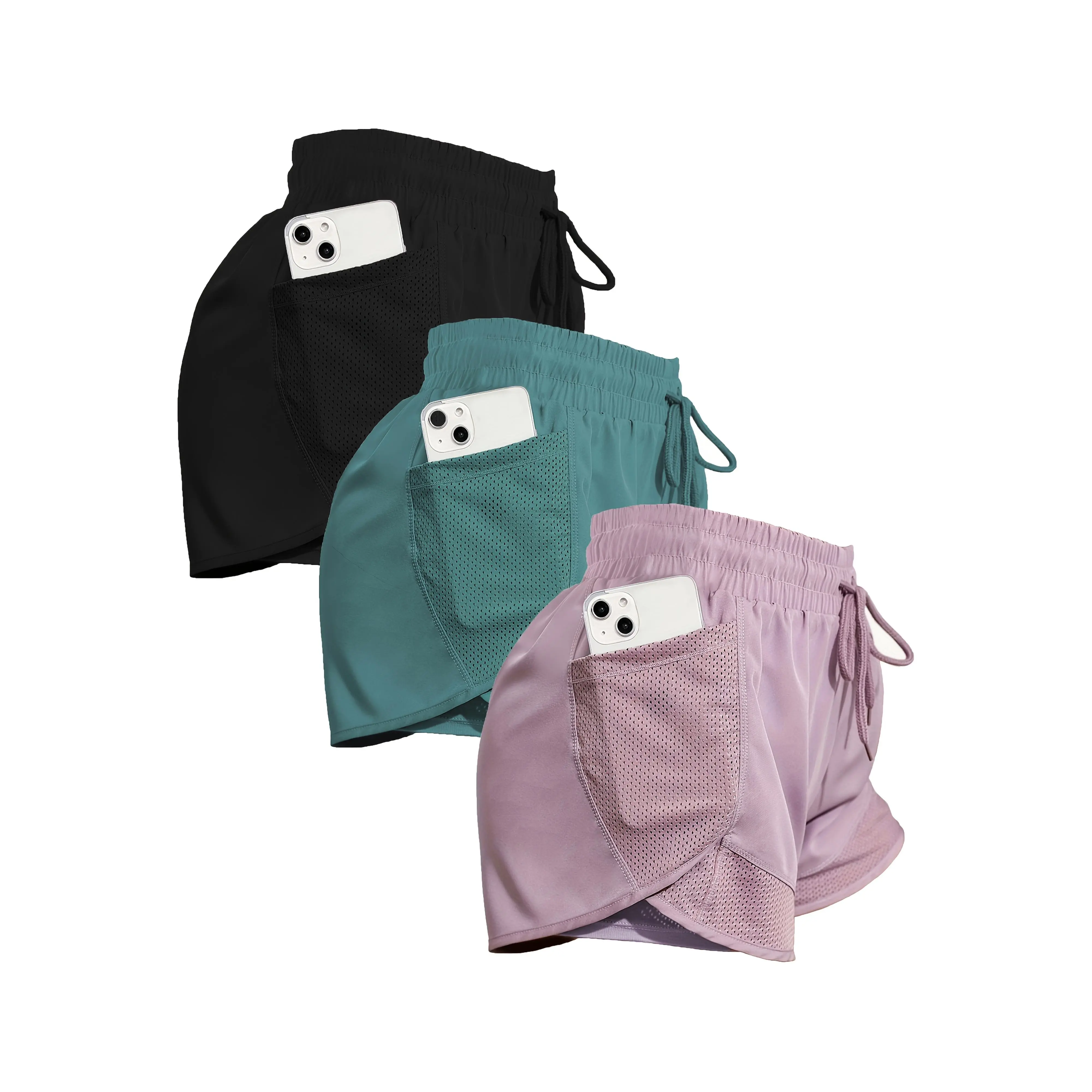 Women's Athletic Shorts (3pcs) - Female Wear, Breathable Polyester Blend, Solid Colors, Pockets, Comfortable for Running Tennis & Gym Activities