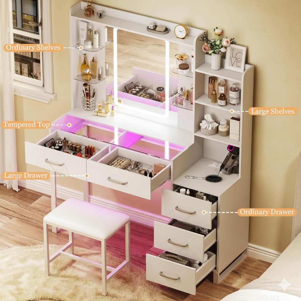 Vanity Desk with Mirror and LED Lights, 57.5" Makeup Vanity with Glass Top , Vanity with RGB Drawers, 3 Colors Light, Power Outlet Safety Switch for Bedroom, White