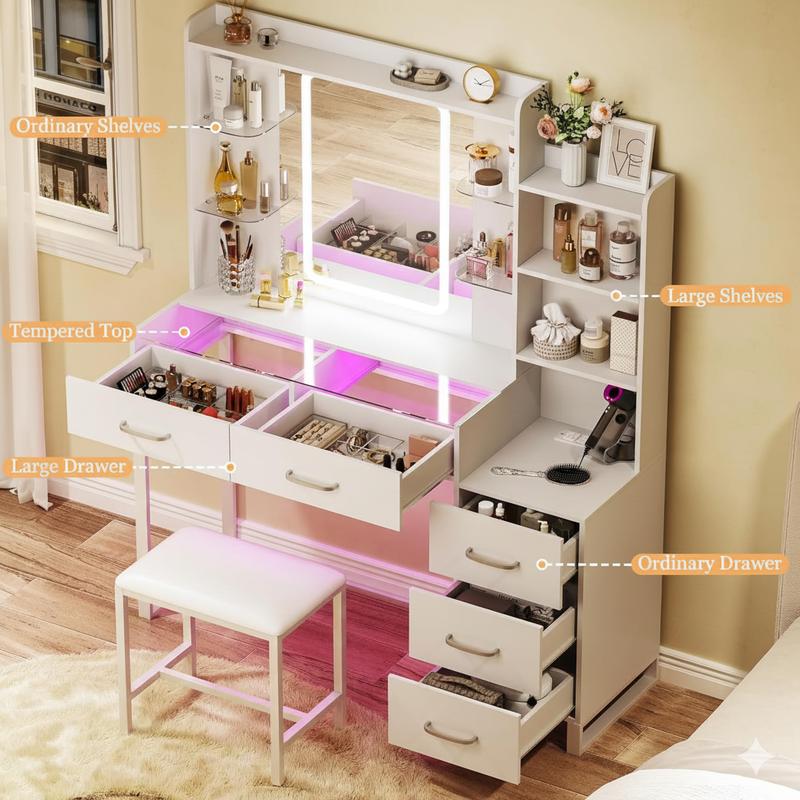 Vanity Desk with Mirror and LED Lights, 57.5" Makeup Vanity with Glass Top , Vanity with RGB Drawers, 3 Colors Light, Power Outlet Safety Switch for Bedroom, White