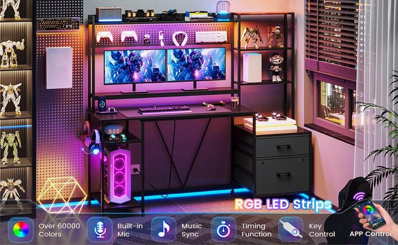 Sikaic 65 Inches Reversible LED Light Gaming Desk With Hutch Power Outlets Monitor Stand 2 Drawers 4 Shelves Pegboard 8 Hooks Mouse Pad Furniture