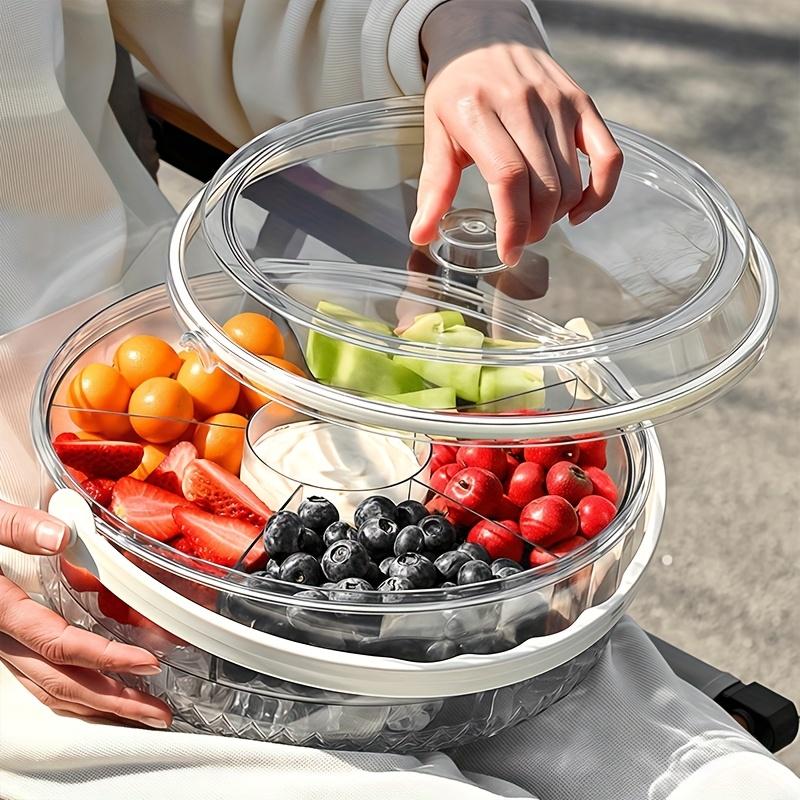 Transparent compartmentalized vegetable serving tray with lid and dipping sauce section, suitable for parties, outdoor picnics, dining, takeout and food delivery, Produce Containers