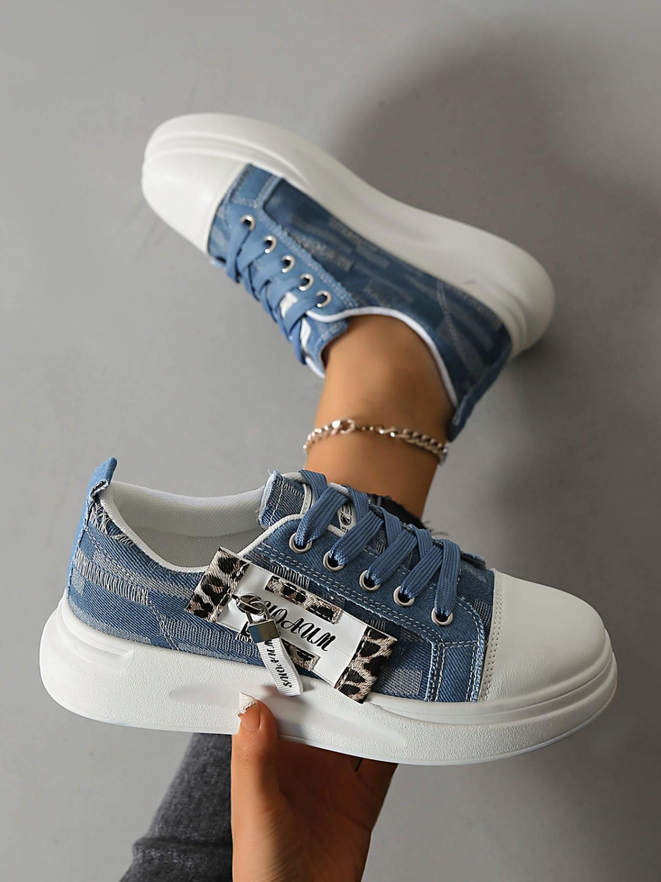Vintage Denim Thick Sole Sneakers, Trainer, Leopard Print Zipper Decor, Casual Height-Boosting Women's Shoes, Perfect for Students