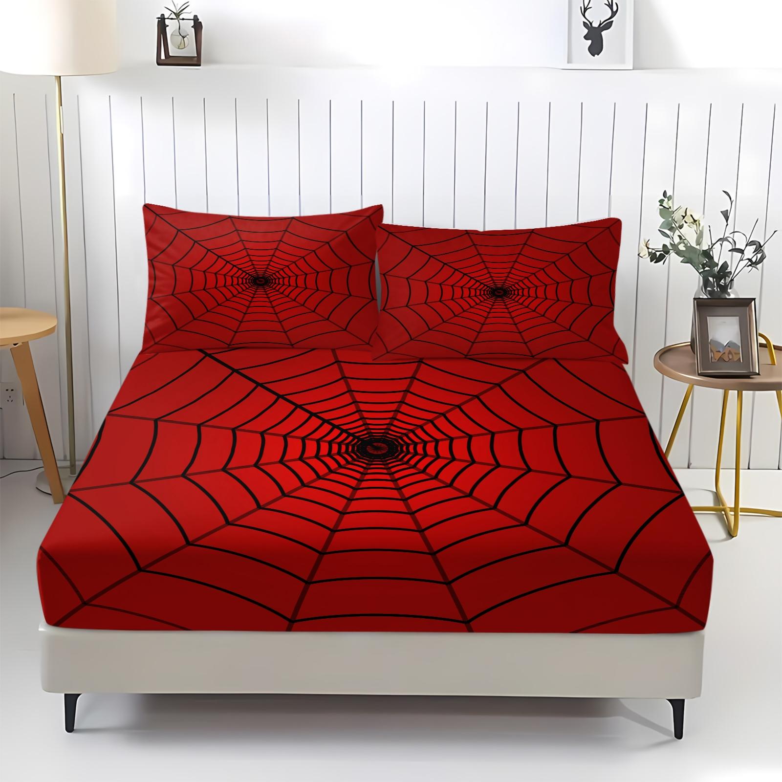 Creative Spider-Man Web Pattern Bed Sheet Set, Unique Printed Bedding, Anti-Slip Dustproof Cover, Dust Prevention, Includes 1 Fitted Sheet & 2 Pillowcases