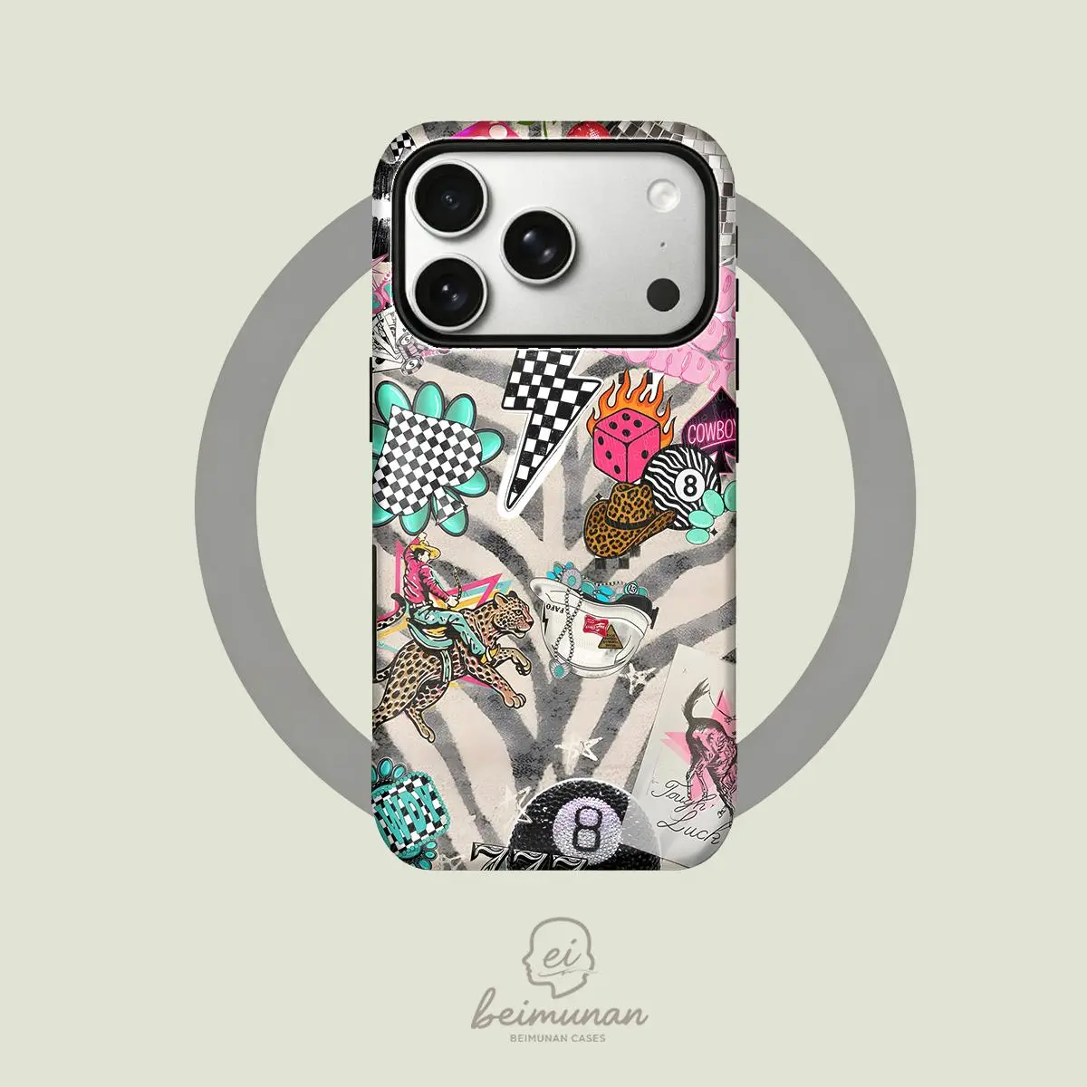 This durable 2-in-1 phone case features a zebra stripe Western-style cowboy patchwork design and is compatible with MagSafe. It works with iPhone 17/16/15/14/13/12/11 Pro Max/Plus/Pro/MINI and Samsung Galaxy S25/S24/S23/S22/S21.
