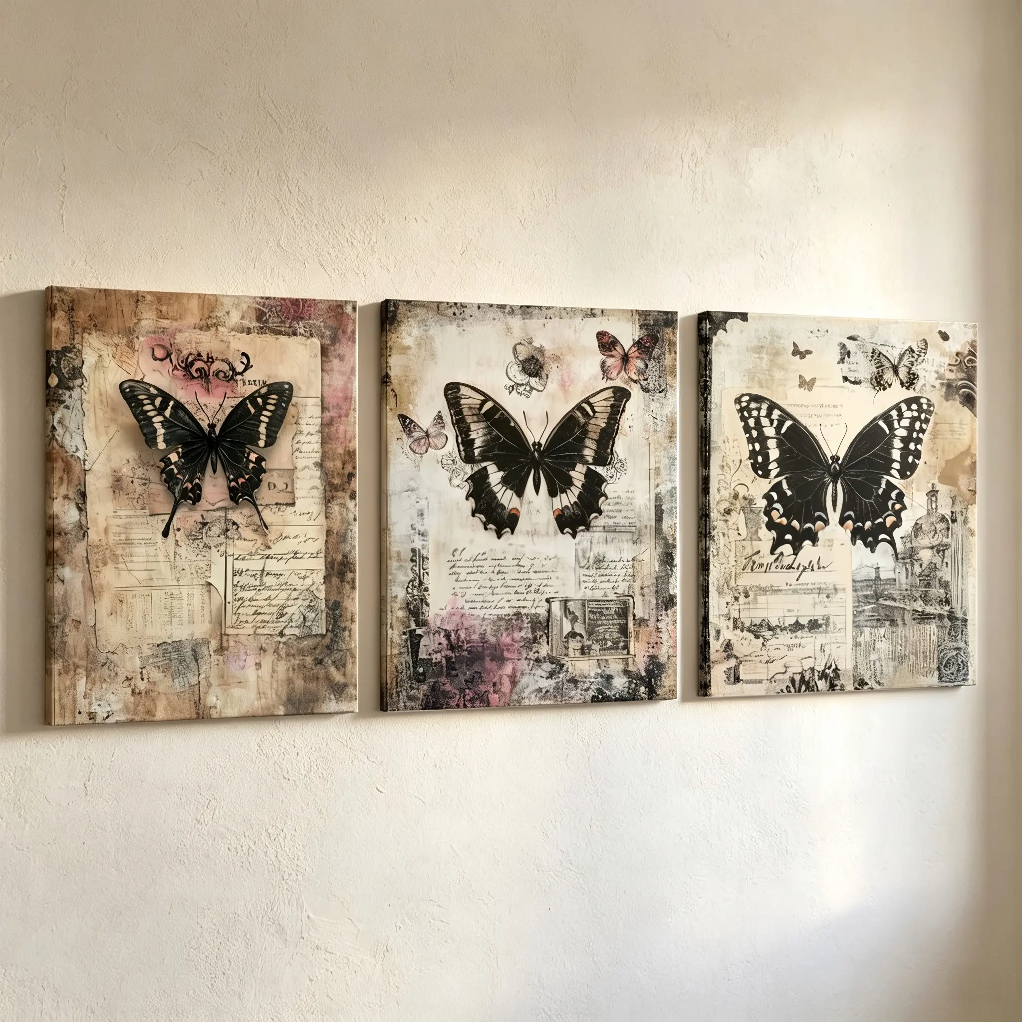 3-Piece Wooden Framed Canvas Wall Art, Black and White Butterfly Posters & Prints Set, Ready to Hang Waterproof Modern Canvas Wall Art Set, Botanical Butterfly Canvas Wall Art for Living Room Bedroom Office Antique Decor