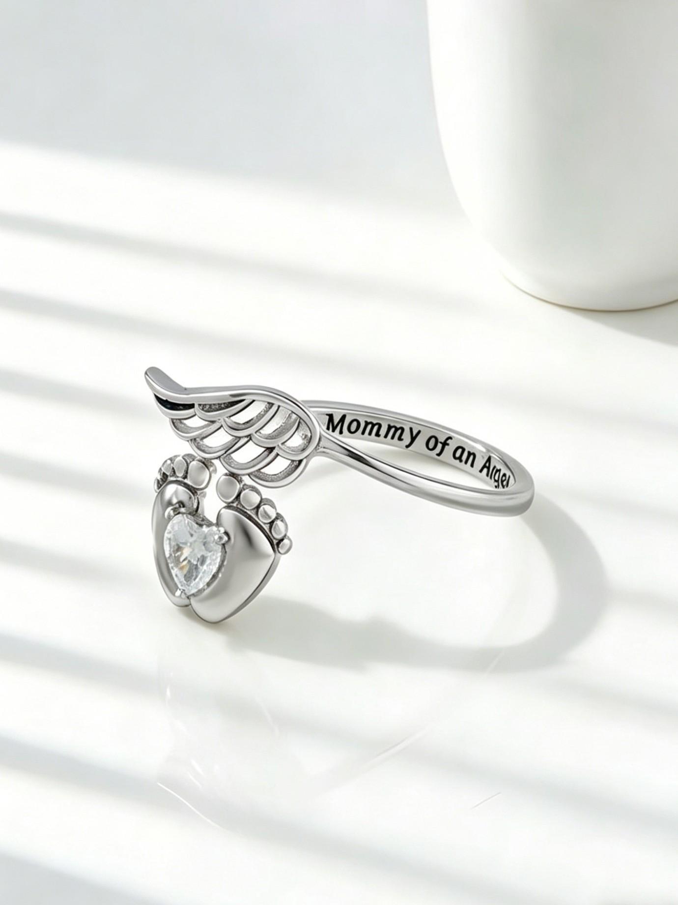 Angel Mom Memorial Jewelry Set, Baby Footprint Wings Bracelet and Ring, Comfort Gift for Loss of Child, Mother's Day Keepsake