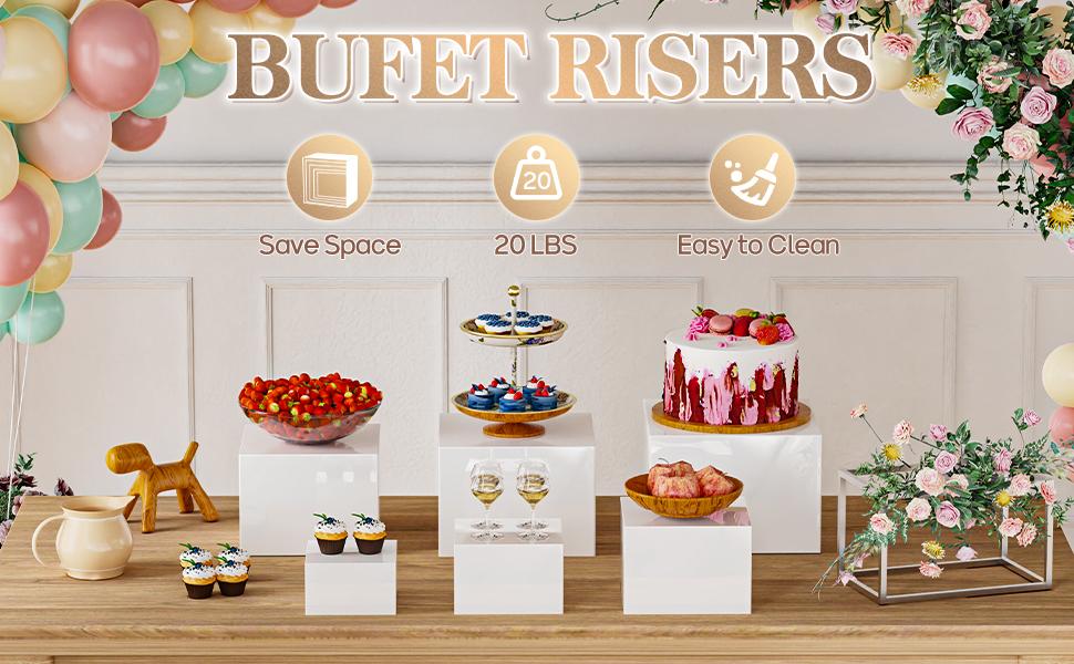 6 PCS Buffet Risers, Large Food Risers for Buffet Table, Display Stand Shelf for Party, Catering, Jewelry & Collectibles, White Plastic Nesting Boxes for Food Display