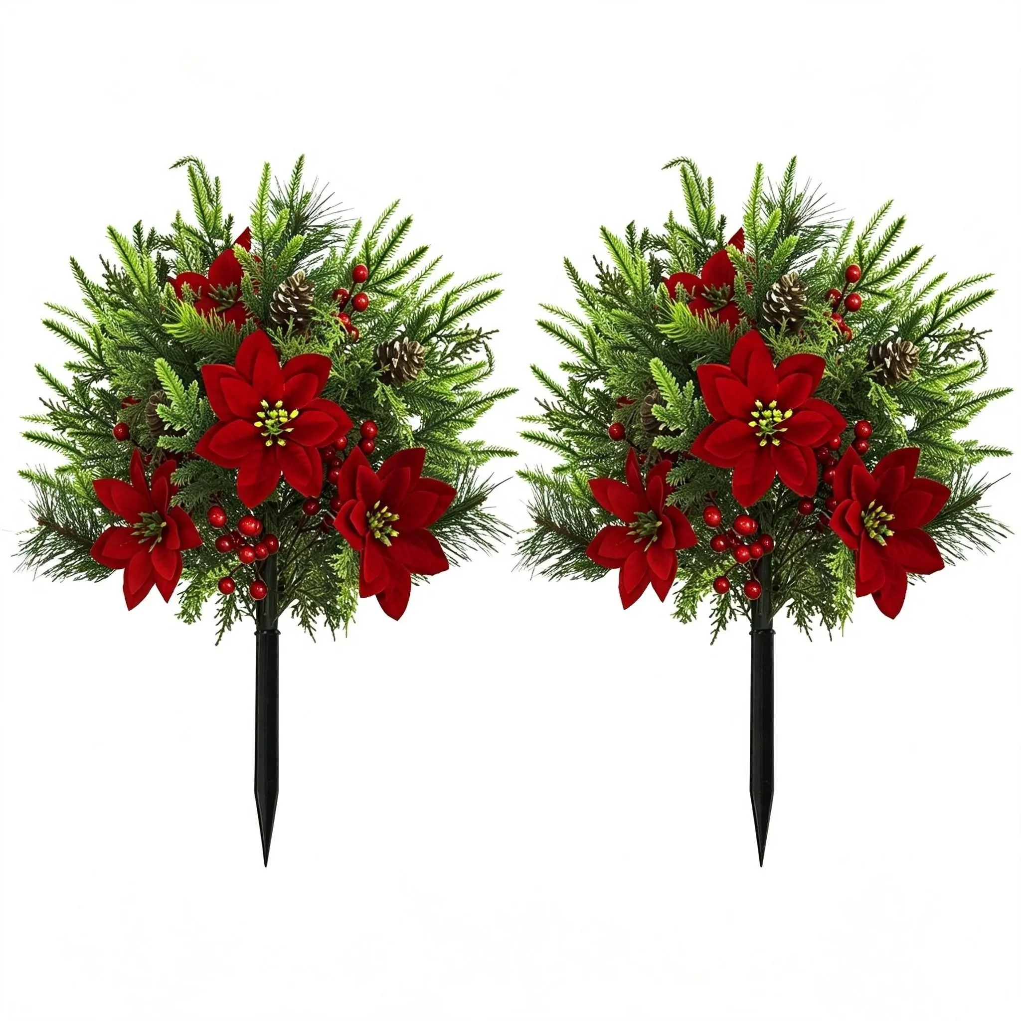 2pcs Artificial Poinsettia Ground Spike, Christmas Yard & Front Porch Decor, Outdoor Floral Stakes with Pine Cones, Winter DIY Holiday Ornaments