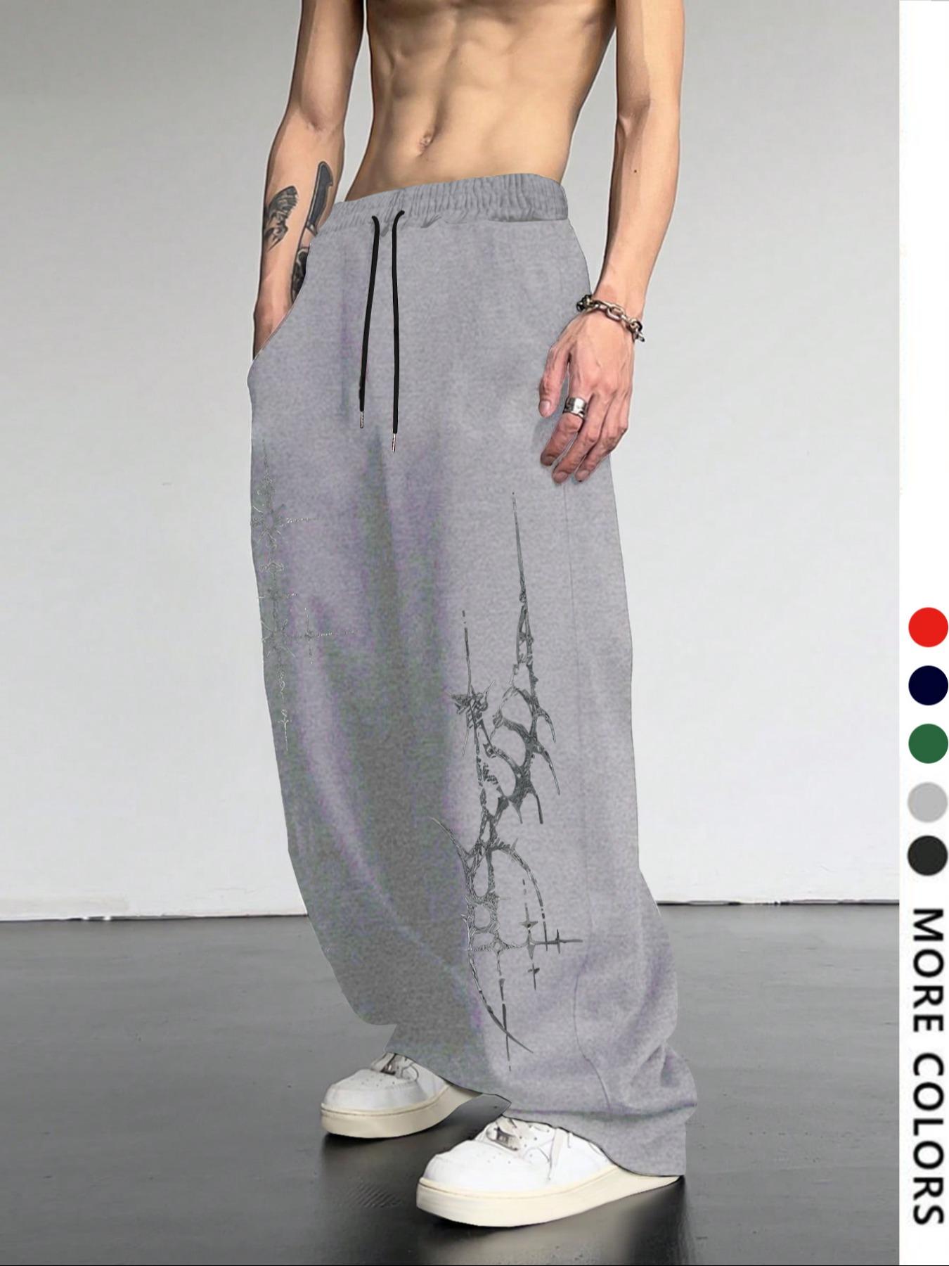 Men's Casual Sporty Wide-Leg Pants, Cross Pattern Long Sweatpants, Men's Loose-Fit Clothing for All Seasons, Drawstring Waist Baggy Pants, Athleisure Style Sweatpants, Graphic Print Sweatpants