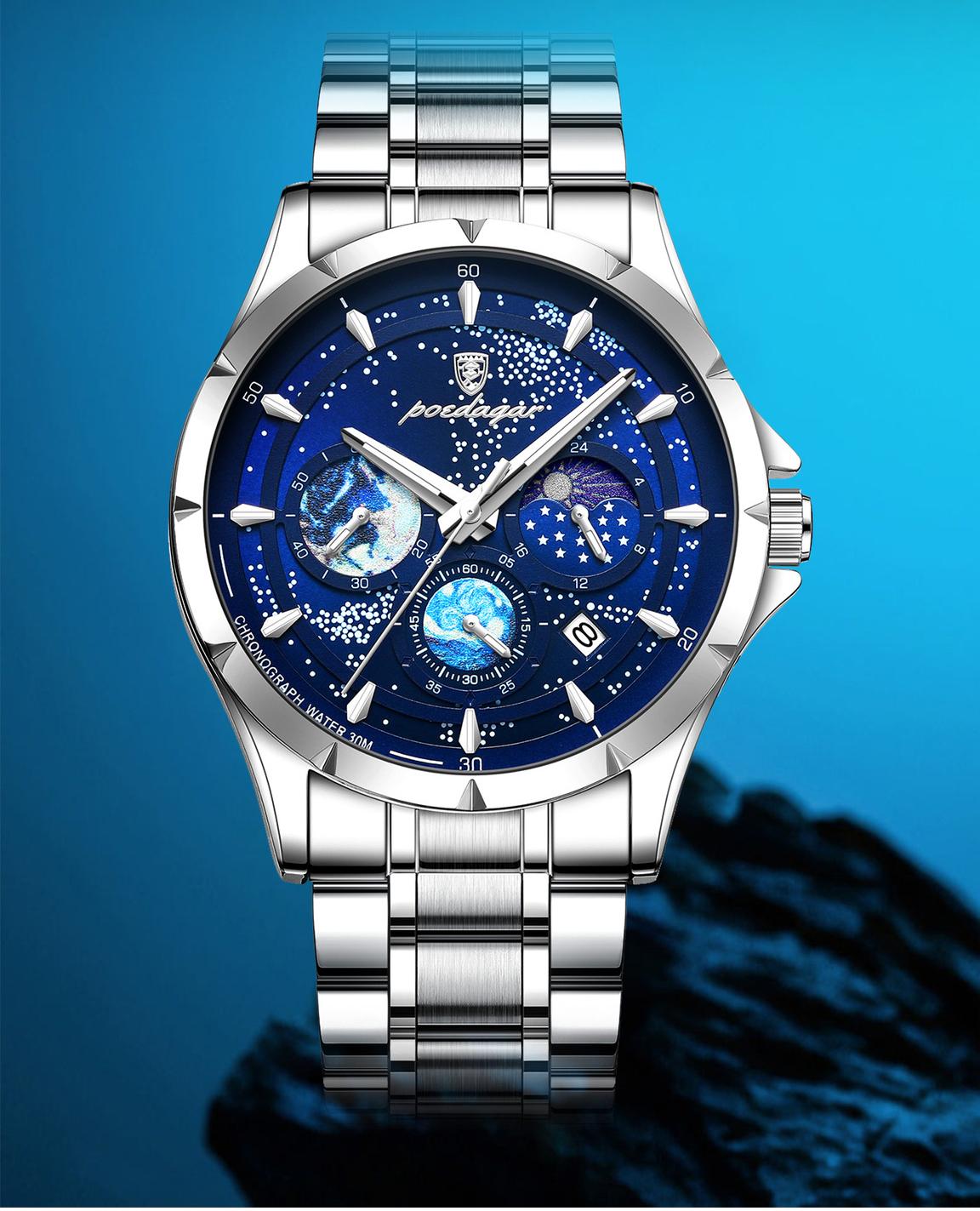 Men's Ultra-Slim Sports Watch - 42mm Chronograph Quartz Watch, Onion Crown, Luminous Moon Phase, Tachymeter, 50M Water Resistant, Stainless Steel Band, Round Face